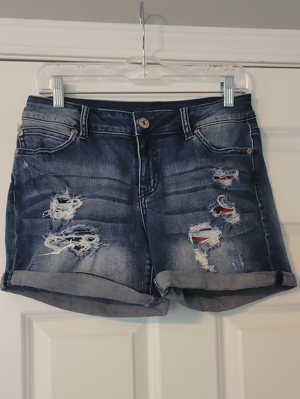 Maurices Blue Distressed Rolled Cuff Patriotic Denim Shorts